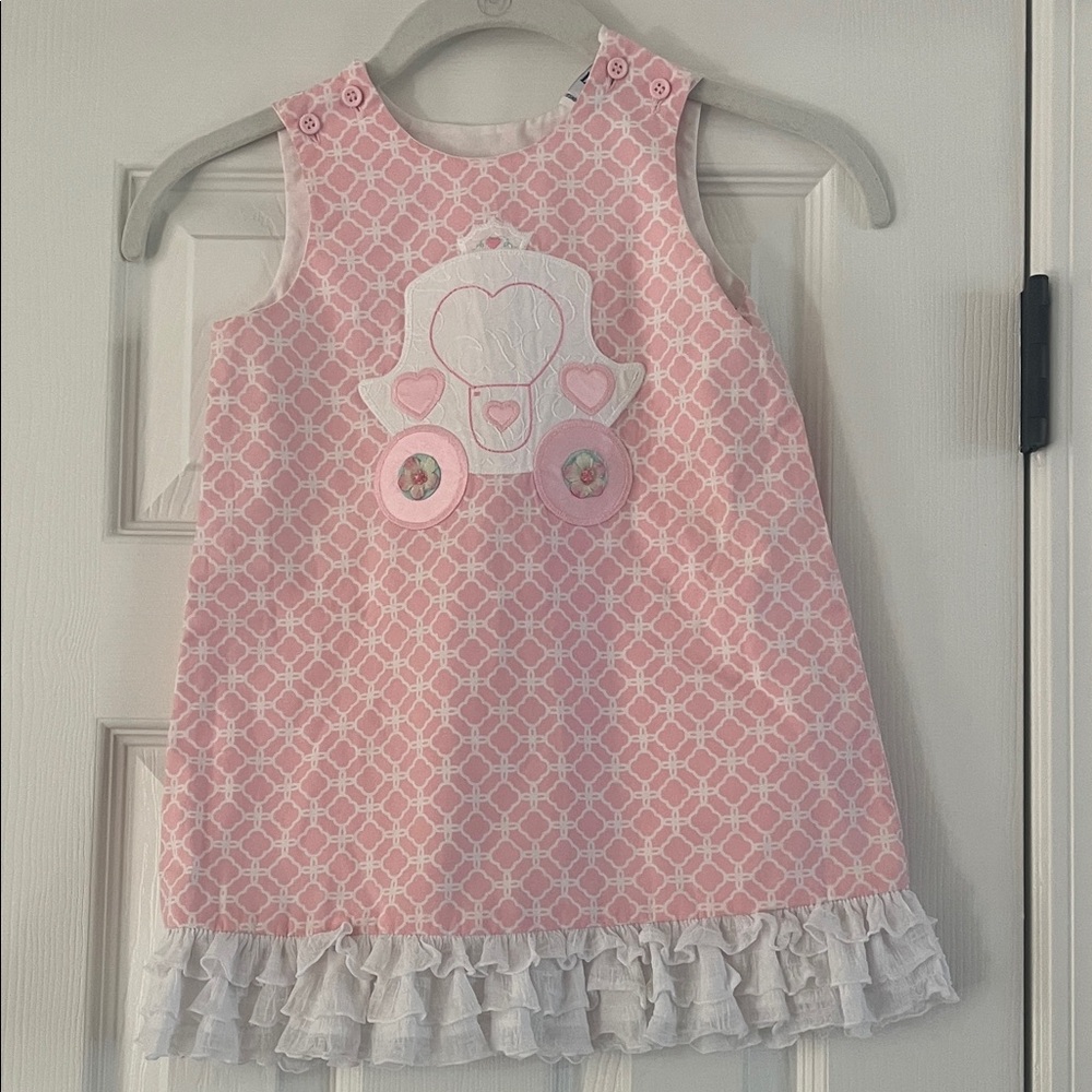 Pink Sleeveless Ruffle Hem Baby Dress with Carriage Appliqué
